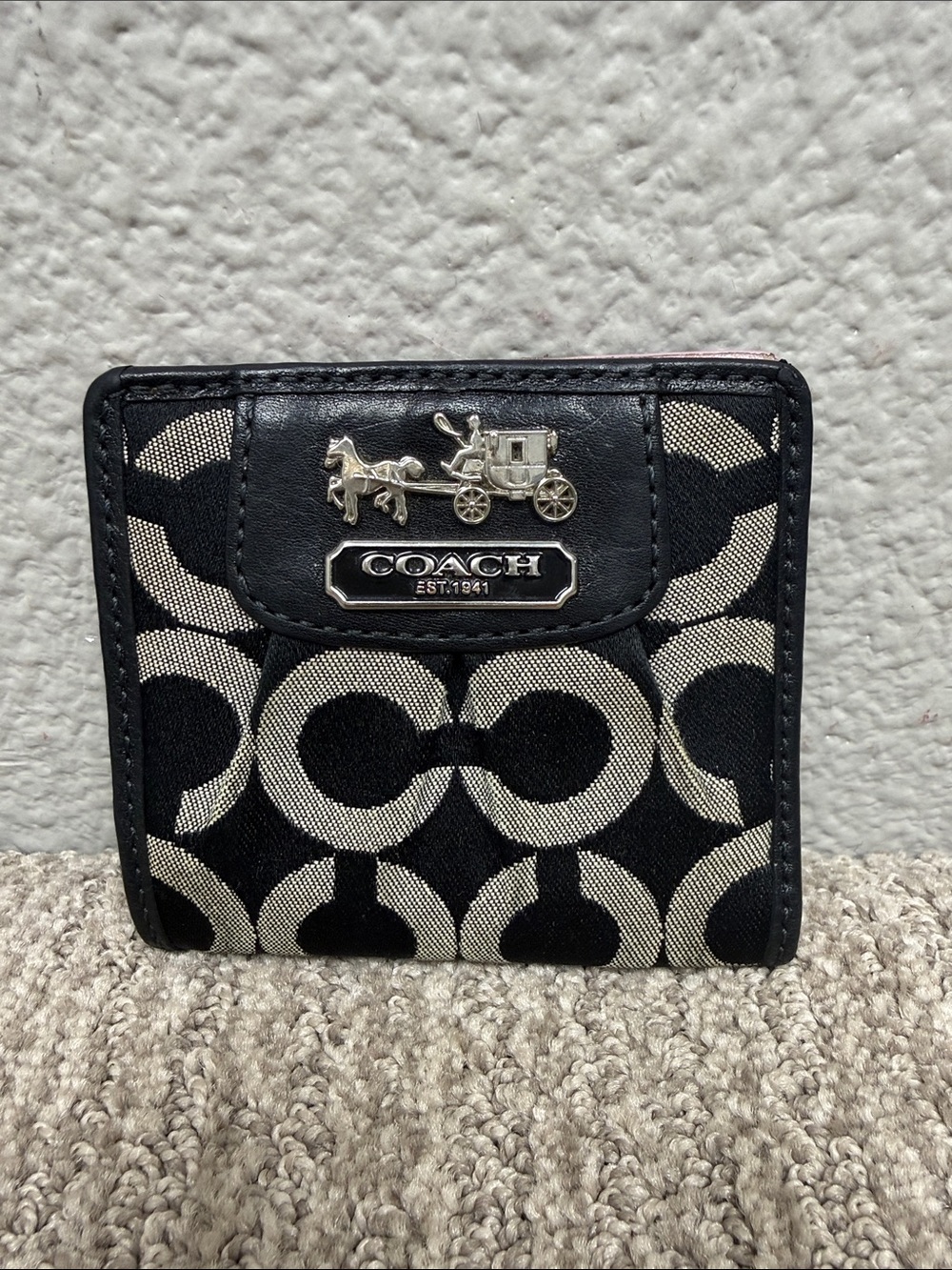 Coach Black and Beige Signature Card Holder Wallet